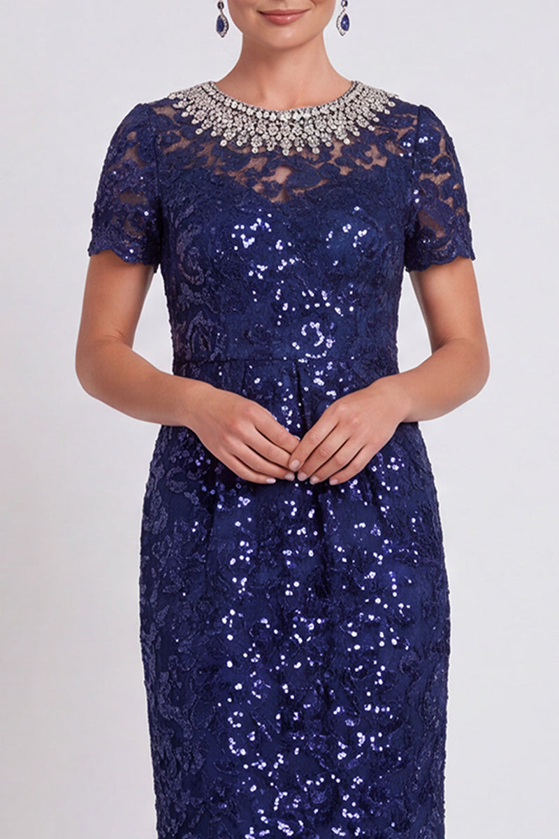 Laden Sie das Bild in den Galerie-Viewer, Glitzerndes Schwarzes Pailletten Runden Ausschnitt Bodycon Midi Mutter-der-Braut-Kleid mit Perlen