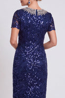 Laden Sie das Bild in den Galerie-Viewer, Glitzerndes Schwarzes Pailletten Runden Ausschnitt Bodycon Midi Mutter-der-Braut-Kleid mit Perlen