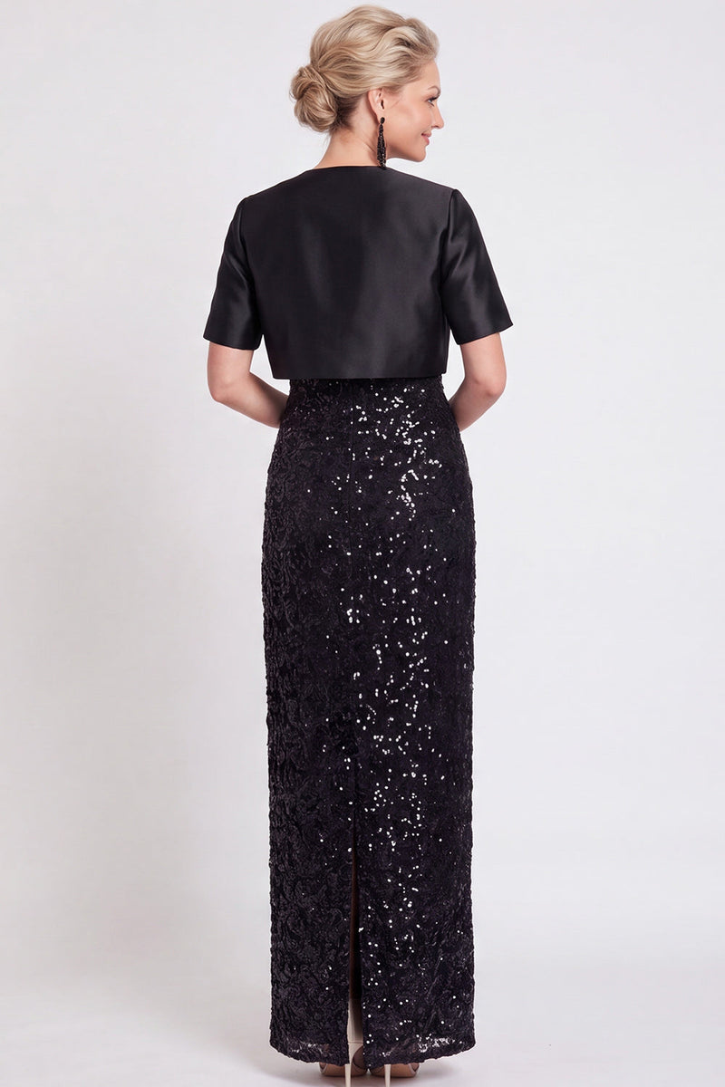 Laden Sie das Bild in den Galerie-Viewer, Glitzerndes Schwarzes Pailletten Bodycon Langes Mutter der Braut Kleid mit Schlitz