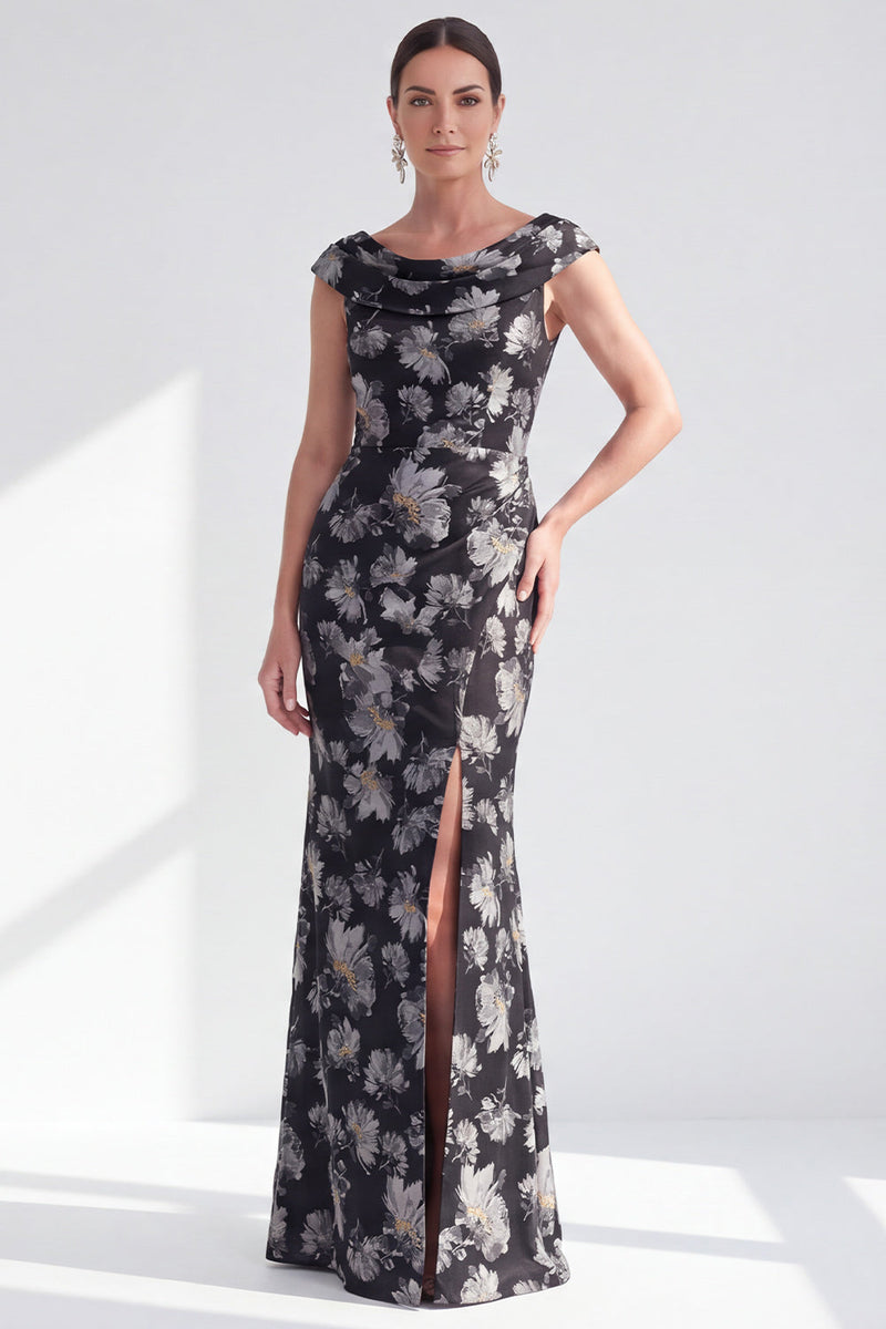 Laden Sie das Bild in den Galerie-Viewer, Meerjungfrauen Schwarzes Blumen Langes Mutter der Braut Kleid mit Schlitz