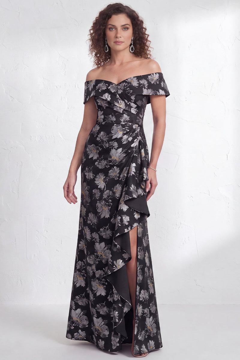 Laden Sie das Bild in den Galerie-Viewer, Off-the-shoulder Meerjungfrauen Schwarzes Blumen Rüschen Mütter der Braut Kleid mit Schlitz