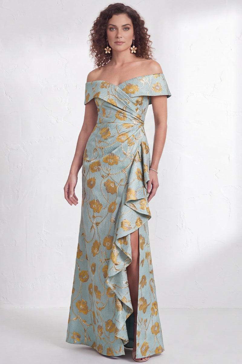 Laden Sie das Bild in den Galerie-Viewer, Off-the-shoulder Meerjungfrauen Schwarzes Blumen Rüschen Mütter der Braut Kleid mit Schlitz
