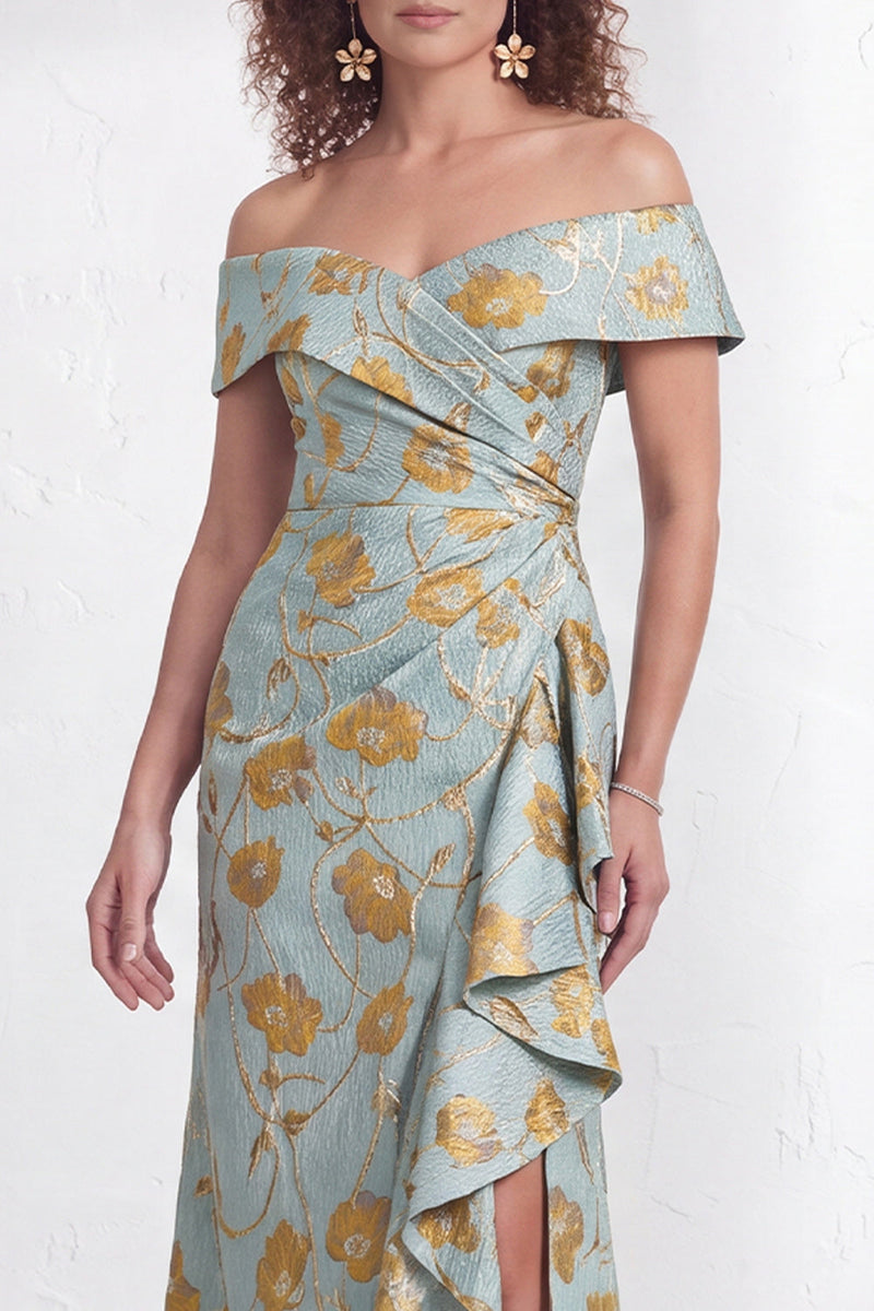 Laden Sie das Bild in den Galerie-Viewer, Off-the-shoulder Meerjungfrauen Schwarzes Blumen Rüschen Mütter der Braut Kleid mit Schlitz