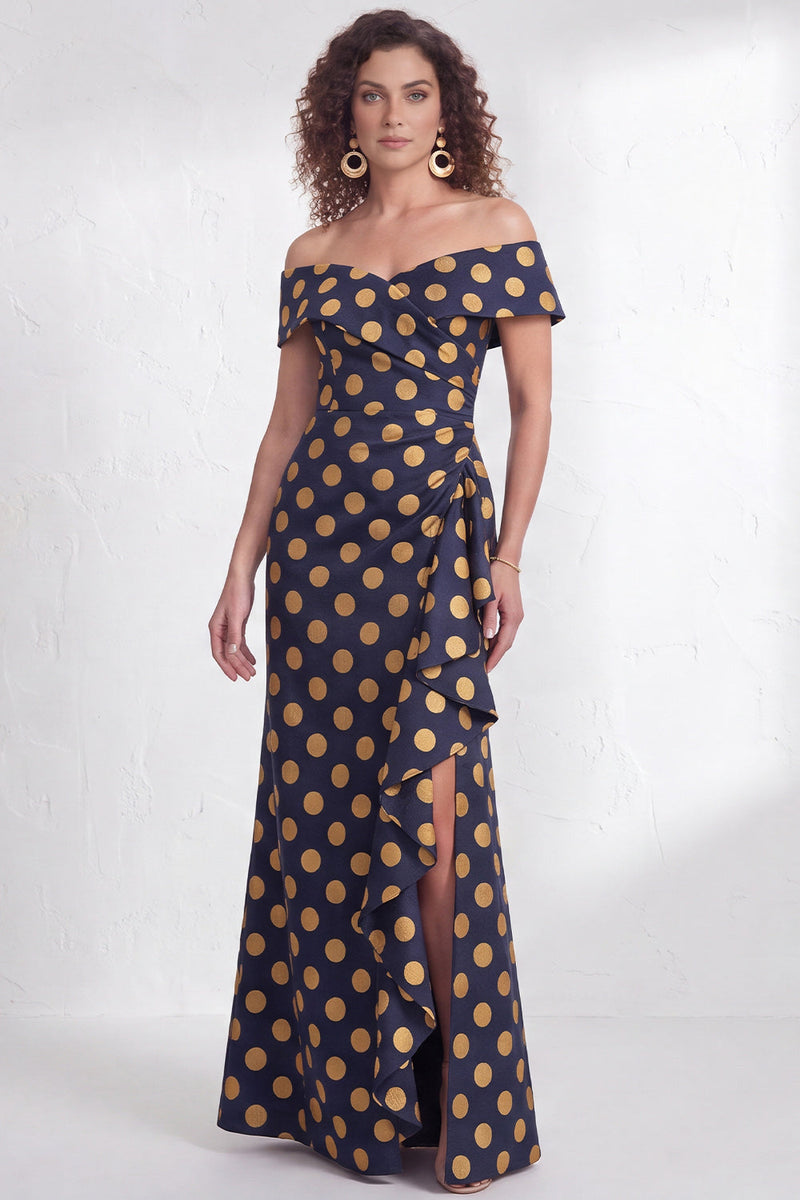 Laden Sie das Bild in den Galerie-Viewer, Off-the-shoulder Meerjungfrauen Schwarzes Blumen Rüschen Mütter der Braut Kleid mit Schlitz