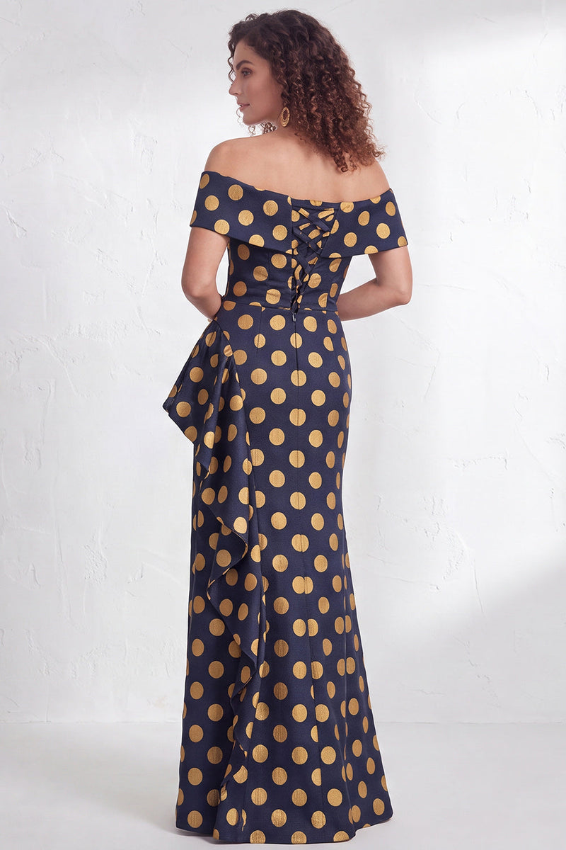 Laden Sie das Bild in den Galerie-Viewer, Off-the-shoulder Meerjungfrauen Schwarzes Blumen Rüschen Mütter der Braut Kleid mit Schlitz