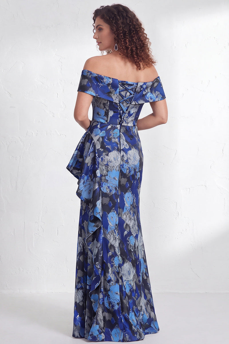 Laden Sie das Bild in den Galerie-Viewer, Off-the-shoulder Meerjungfrauen Schwarzes Blumen Rüschen Mütter der Braut Kleid mit Schlitz