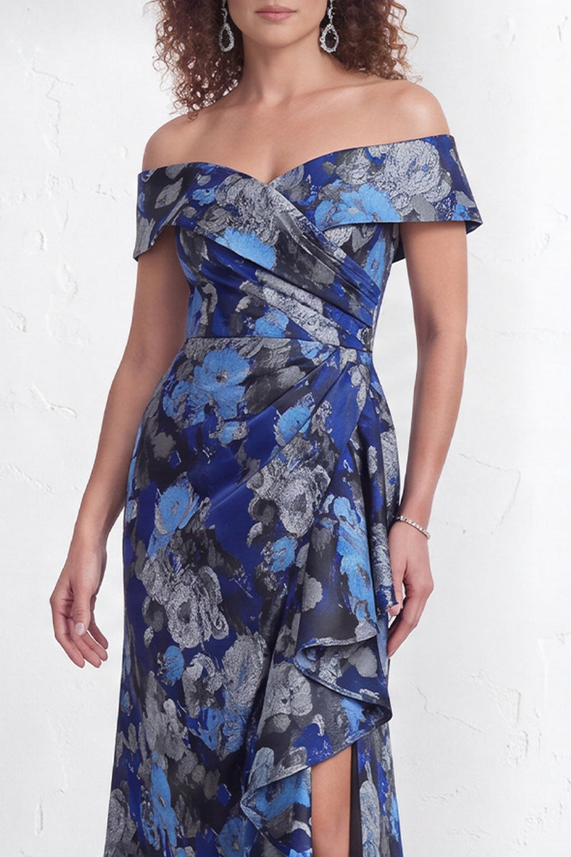 Laden Sie das Bild in den Galerie-Viewer, Off-the-shoulder Meerjungfrauen Schwarzes Blumen Rüschen Mütter der Braut Kleid mit Schlitz