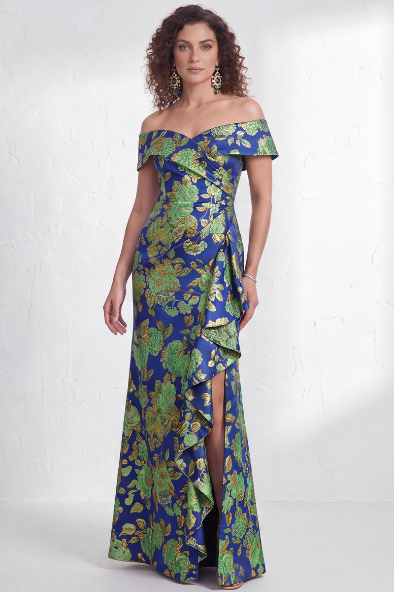 Laden Sie das Bild in den Galerie-Viewer, Off-the-shoulder Meerjungfrauen Schwarzes Blumen Rüschen Mütter der Braut Kleid mit Schlitz