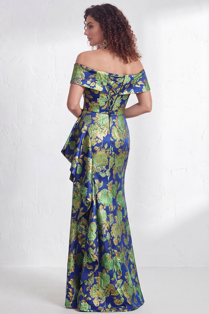 Laden Sie das Bild in den Galerie-Viewer, Off-the-shoulder Meerjungfrauen Schwarzes Blumen Rüschen Mütter der Braut Kleid mit Schlitz