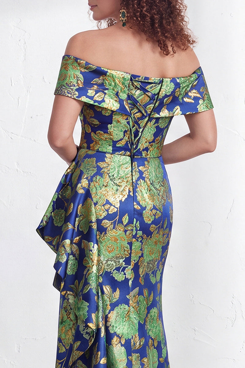Laden Sie das Bild in den Galerie-Viewer, Off-the-shoulder Meerjungfrauen Schwarzes Blumen Rüschen Mütter der Braut Kleid mit Schlitz