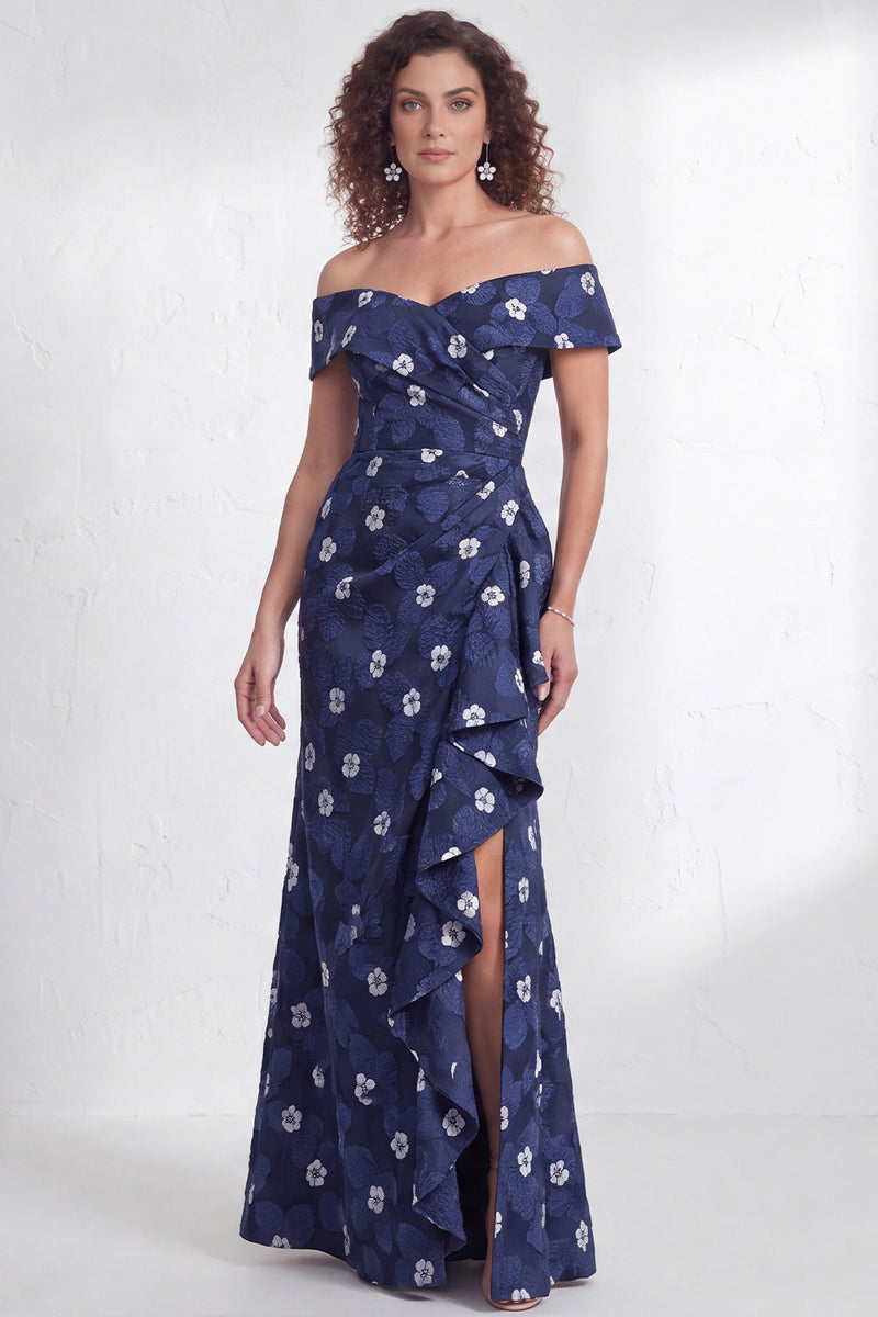 Laden Sie das Bild in den Galerie-Viewer, Off-the-shoulder Meerjungfrauen Schwarzes Blumen Rüschen Mütter der Braut Kleid mit Schlitz