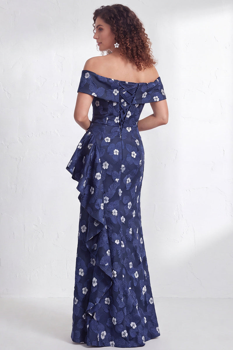 Laden Sie das Bild in den Galerie-Viewer, Off-the-shoulder Meerjungfrauen Schwarzes Blumen Rüschen Mütter der Braut Kleid mit Schlitz