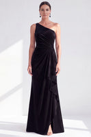Laden Sie das Bild in den Galerie-Viewer, Einschulter Meerjungfrau Schwarzes Samt Gerafftes Langes Mutter der Braut Kleid