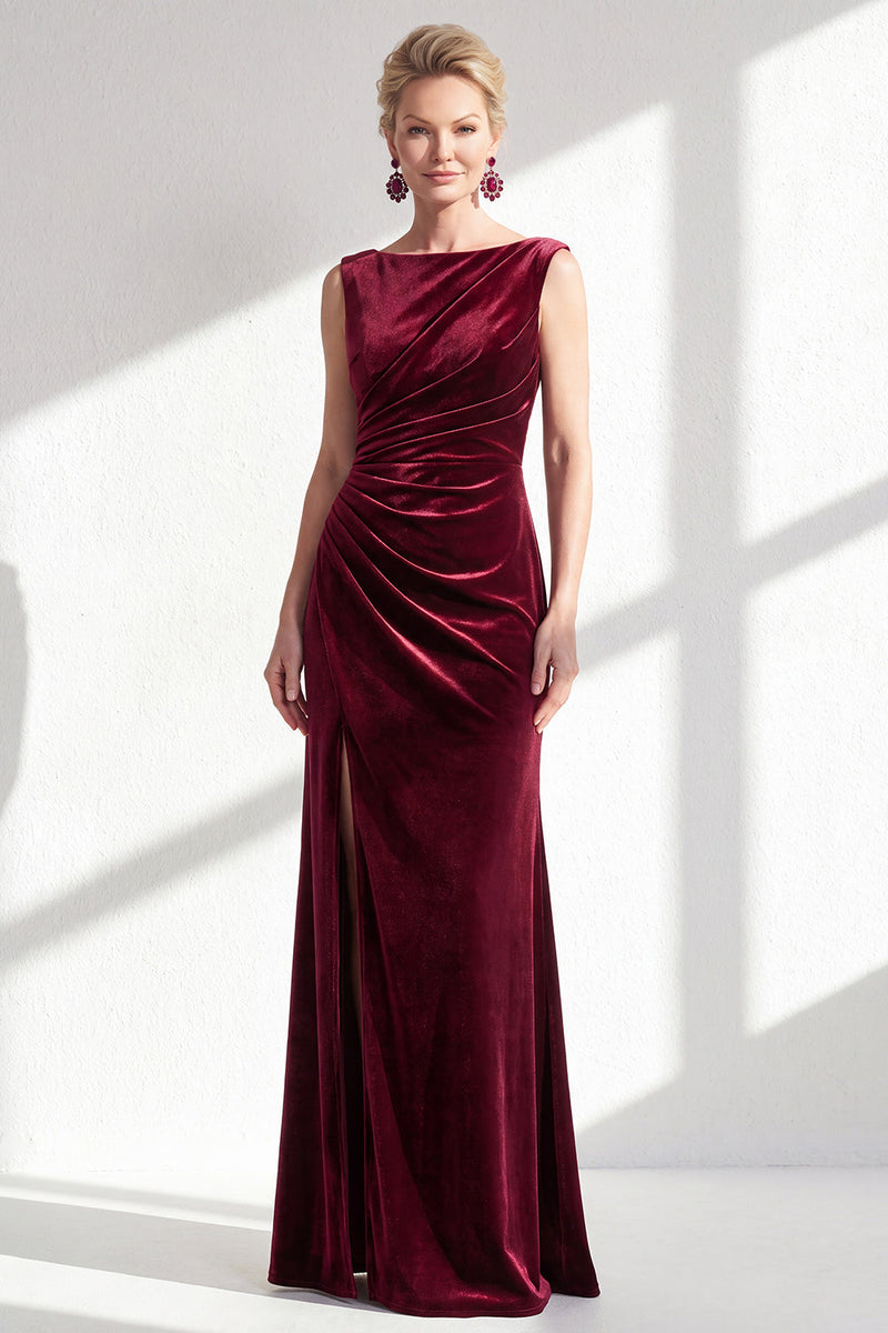 Laden Sie das Bild in den Galerie-Viewer, Dunkelgrünes Samt Bateau-Ausschnitt Gerafftes Meerjungfrauen Langes Mutter der Braut Kleid mit Schlitz