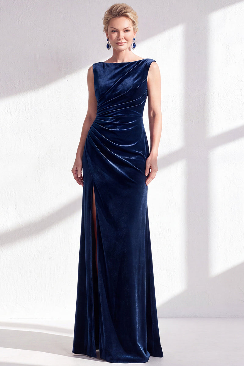 Laden Sie das Bild in den Galerie-Viewer, Dunkelgrünes Samt Bateau-Ausschnitt Gerafftes Meerjungfrauen Langes Mutter der Braut Kleid mit Schlitz