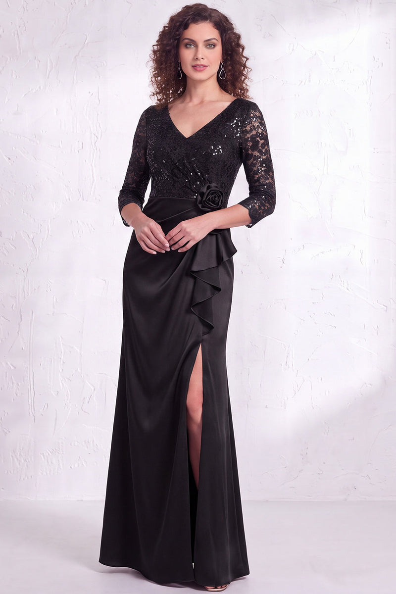 Laden Sie das Bild in den Galerie-Viewer, Schwarzes V-Ausschnitt Gerafftes Meerjungfrau Gerüschtes Pailletten Langes Mutter-der-Braut-Kleid mit Schlitz