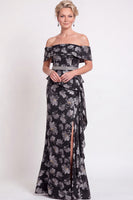 Laden Sie das Bild in den Galerie-Viewer, Blaues Schulterloses Meerjungfrauen Blumen Rüschen Langes Mutter-der-Braut-Kleid mit Schlitz