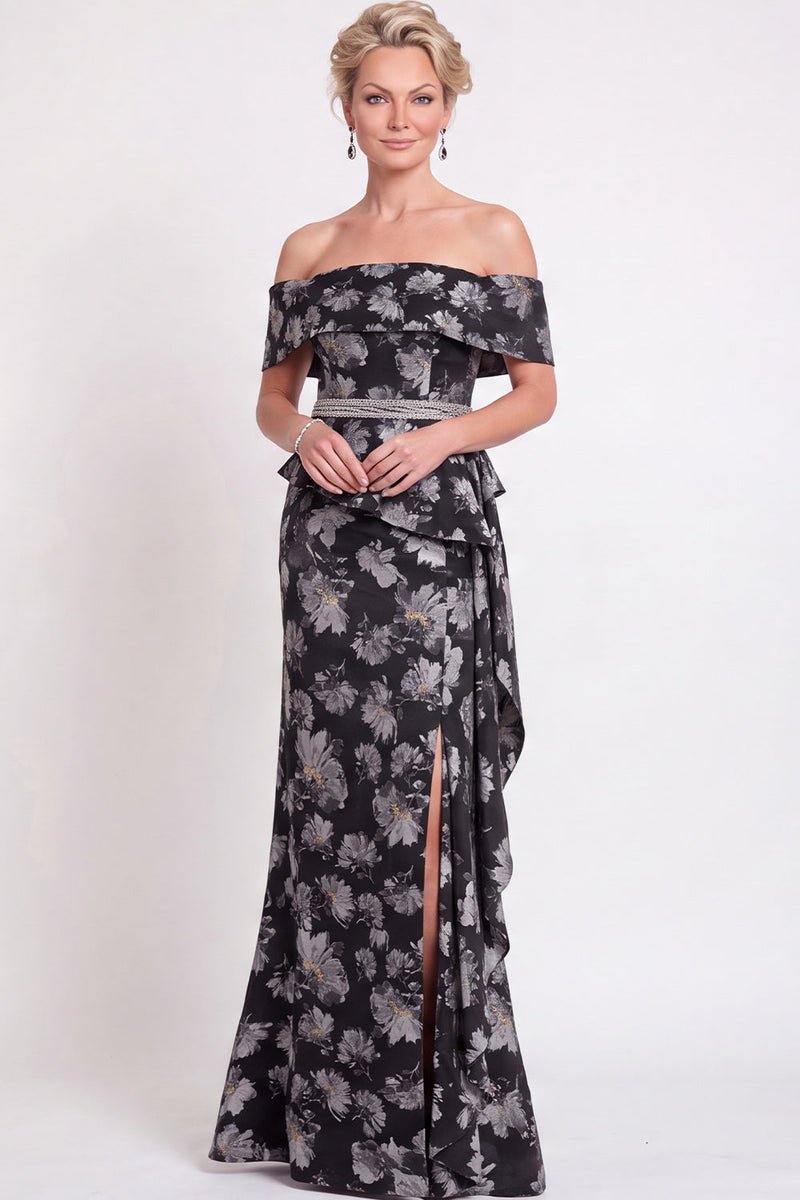 Laden Sie das Bild in den Galerie-Viewer, Blaues Schulterloses Meerjungfrauen Blumen Rüschen Langes Mutter-der-Braut-Kleid mit Schlitz