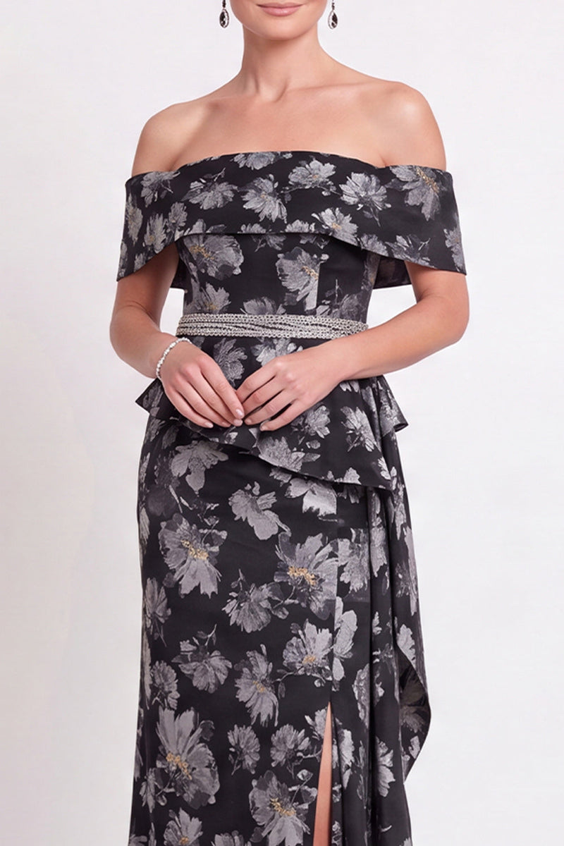 Laden Sie das Bild in den Galerie-Viewer, Blaues Schulterloses Meerjungfrauen Blumen Rüschen Langes Mutter-der-Braut-Kleid mit Schlitz