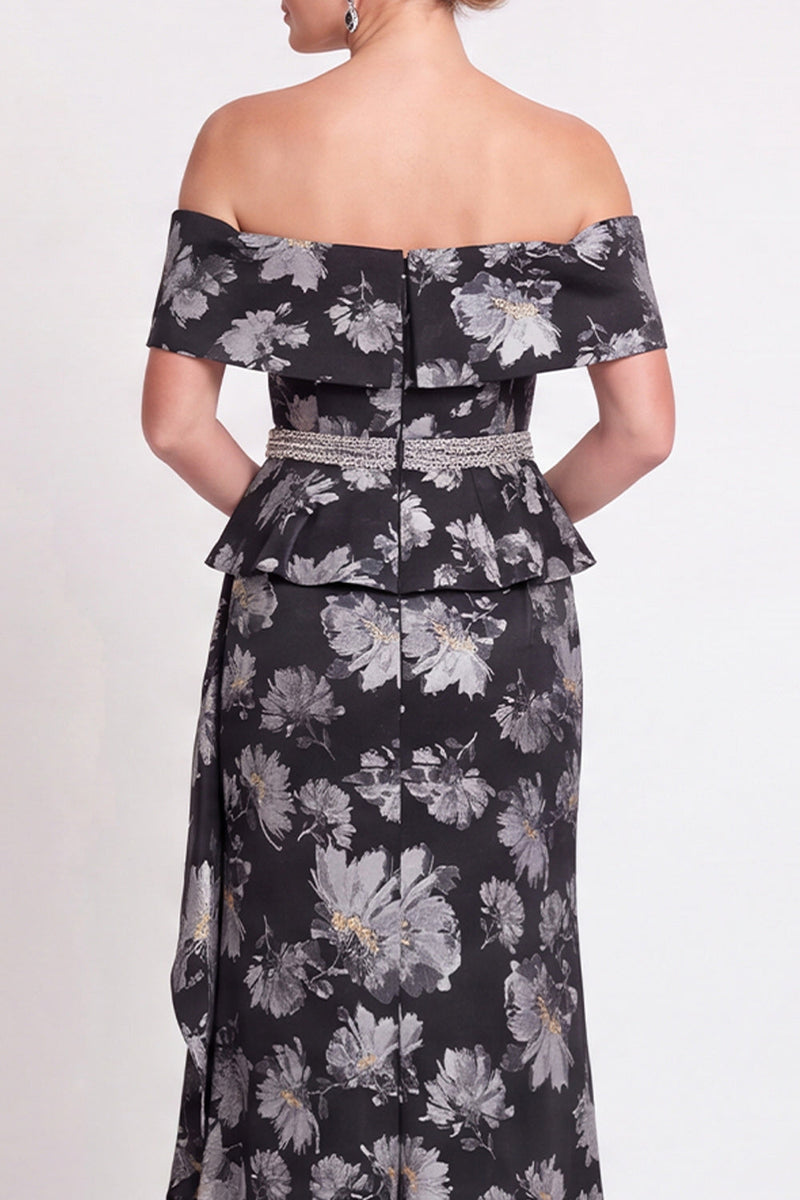 Laden Sie das Bild in den Galerie-Viewer, Blaues Schulterloses Meerjungfrauen Blumen Rüschen Langes Mutter der Braut Kleid mit Schlitz