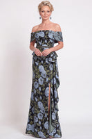 Laden Sie das Bild in den Galerie-Viewer, Blaues Schulterloses Meerjungfrauen Blumen Rüschen Langes Mutter-der-Braut-Kleid mit Schlitz