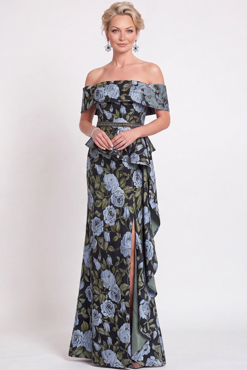 Laden Sie das Bild in den Galerie-Viewer, Blaues Schulterloses Meerjungfrauen Blumen Rüschen Langes Mutter-der-Braut-Kleid mit Schlitz