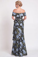 Laden Sie das Bild in den Galerie-Viewer, Blaues Schulterloses Meerjungfrauen Blumen Rüschen Langes Mutter-der-Braut-Kleid mit Schlitz