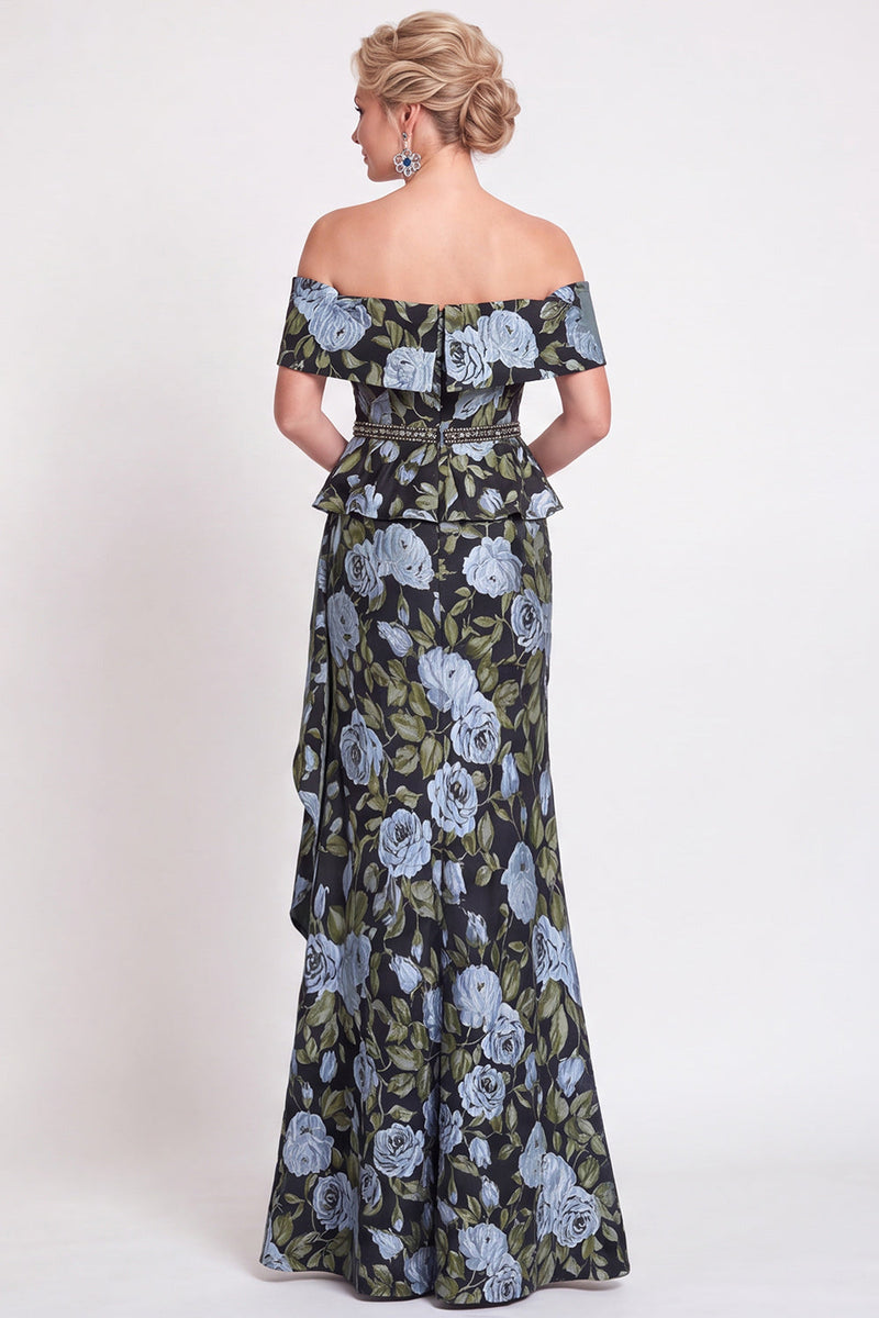 Laden Sie das Bild in den Galerie-Viewer, Blaues Schulterloses Meerjungfrauen Blumen Rüschen Langes Mutter-der-Braut-Kleid mit Schlitz