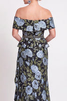 Laden Sie das Bild in den Galerie-Viewer, Blaues Schulterloses Meerjungfrauen Blumen Rüschen Langes Mutter der Braut Kleid mit Schlitz