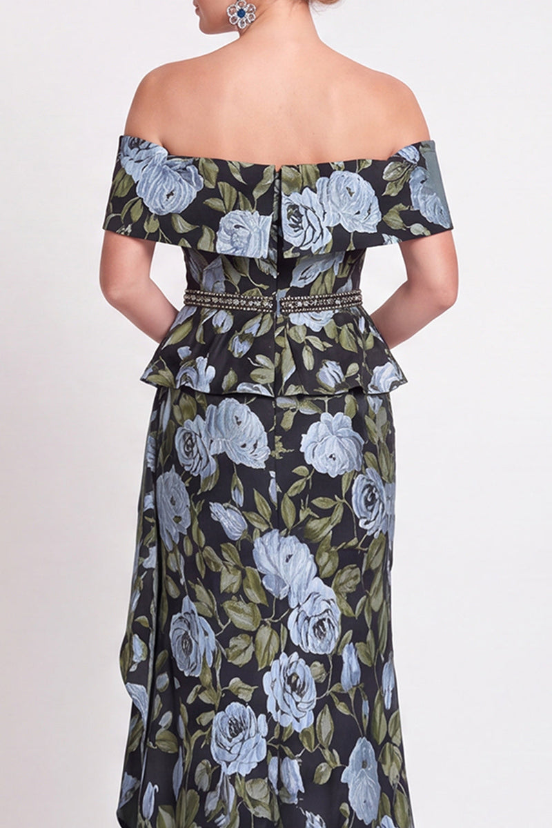 Laden Sie das Bild in den Galerie-Viewer, Blaues Schulterloses Meerjungfrauen Blumen Rüschen Langes Mutter der Braut Kleid mit Schlitz
