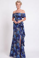 Laden Sie das Bild in den Galerie-Viewer, Blaues Schulterloses Meerjungfrauen Blumen Rüschen Langes Mutter der Braut Kleid mit Schlitz
