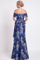 Laden Sie das Bild in den Galerie-Viewer, Blaues Schulterloses Meerjungfrauen Blumen Rüschen Langes Mutter der Braut Kleid mit Schlitz