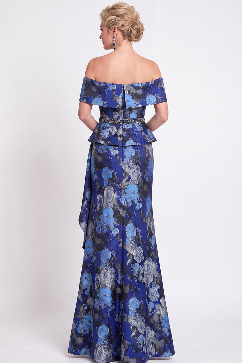 Laden Sie das Bild in den Galerie-Viewer, Blaues Schulterloses Meerjungfrauen Blumen Rüschen Langes Mutter der Braut Kleid mit Schlitz