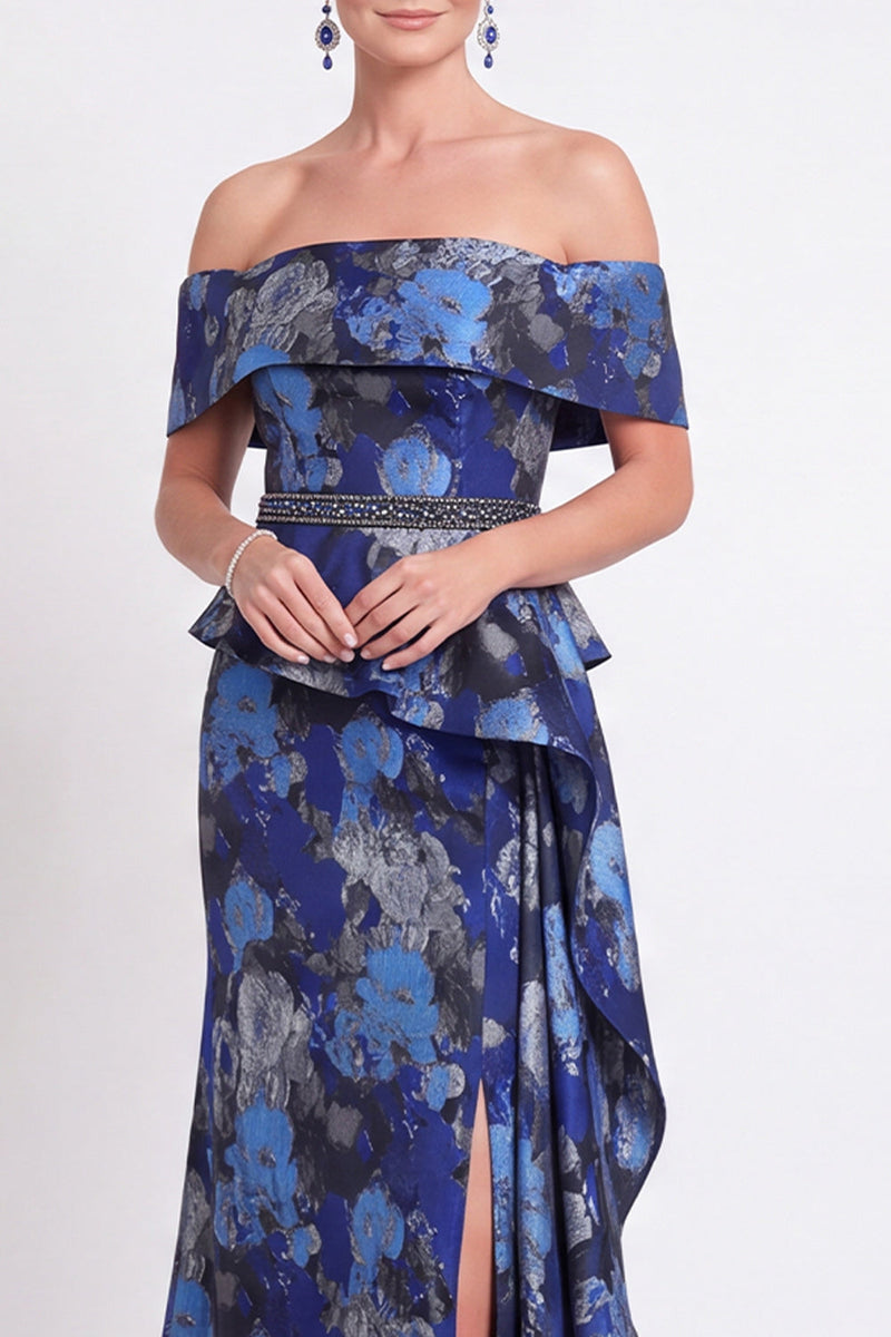 Laden Sie das Bild in den Galerie-Viewer, Blaues Schulterloses Meerjungfrauen Blumen Rüschen Langes Mutter der Braut Kleid mit Schlitz