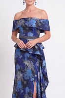 Laden Sie das Bild in den Galerie-Viewer, Blaues Schulterloses Meerjungfrauen Blumen Rüschen Langes Mutter-der-Braut-Kleid mit Schlitz