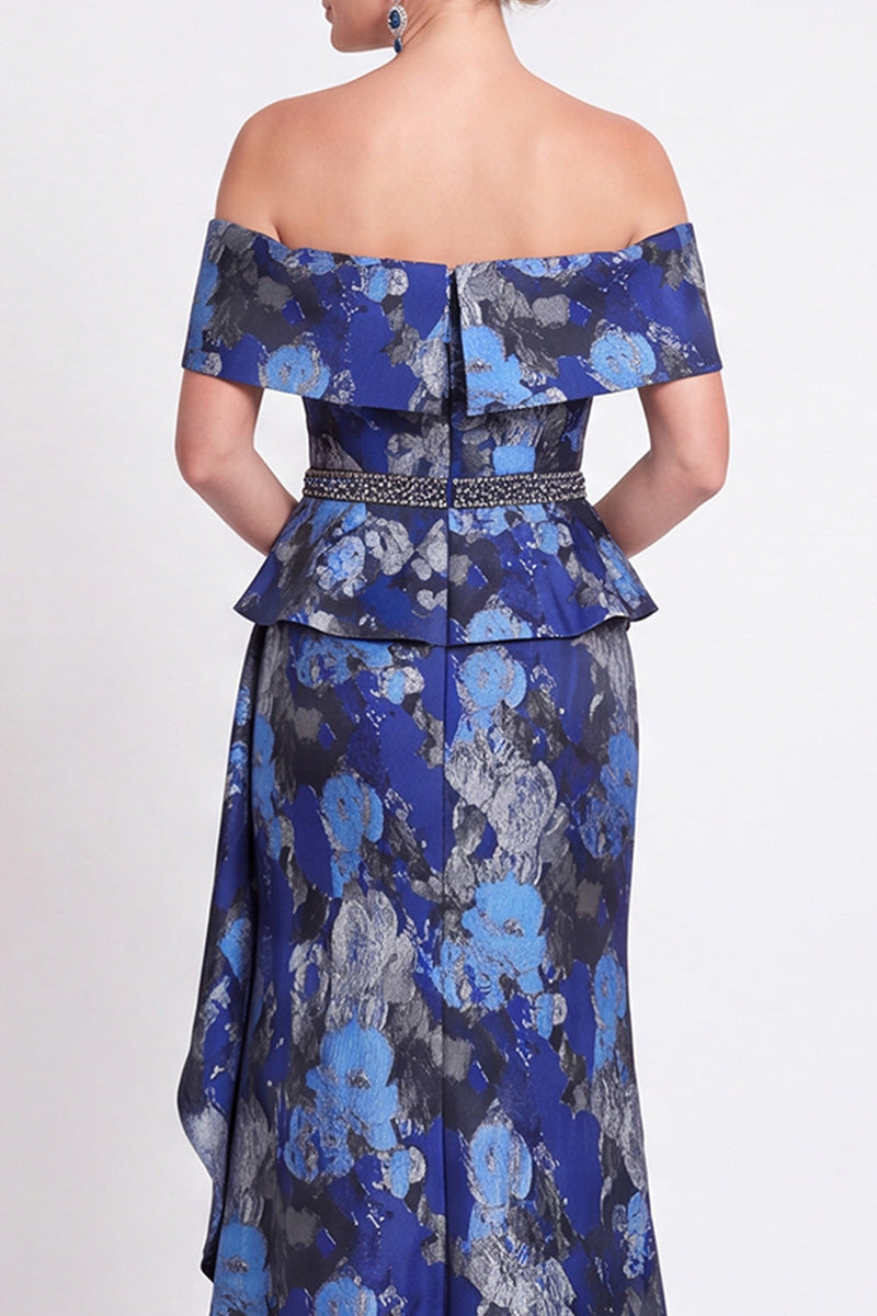 Laden Sie das Bild in den Galerie-Viewer, Blaues Schulterloses Meerjungfrauen Blumen Rüschen Langes Mutter der Braut Kleid mit Schlitz