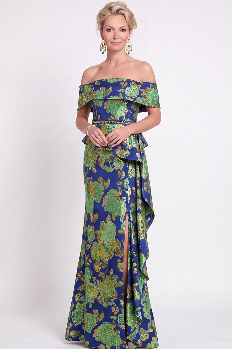 Laden Sie das Bild in den Galerie-Viewer, Blaues Schulterloses Meerjungfrauen Blumen Rüschen Langes Mutter der Braut Kleid mit Schlitz