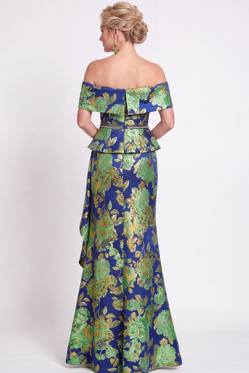 Laden Sie das Bild in den Galerie-Viewer, Blaues Schulterloses Meerjungfrauen Blumen Rüschen Langes Mutter-der-Braut-Kleid mit Schlitz