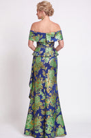 Laden Sie das Bild in den Galerie-Viewer, Blaues Schulterloses Meerjungfrauen Blumen Rüschen Langes Mutter der Braut Kleid mit Schlitz