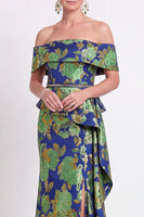 Laden Sie das Bild in den Galerie-Viewer, Blaues Schulterloses Meerjungfrauen Blumen Rüschen Langes Mutter der Braut Kleid mit Schlitz