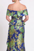Laden Sie das Bild in den Galerie-Viewer, Blaues Schulterloses Meerjungfrauen Blumen Rüschen Langes Mutter der Braut Kleid mit Schlitz