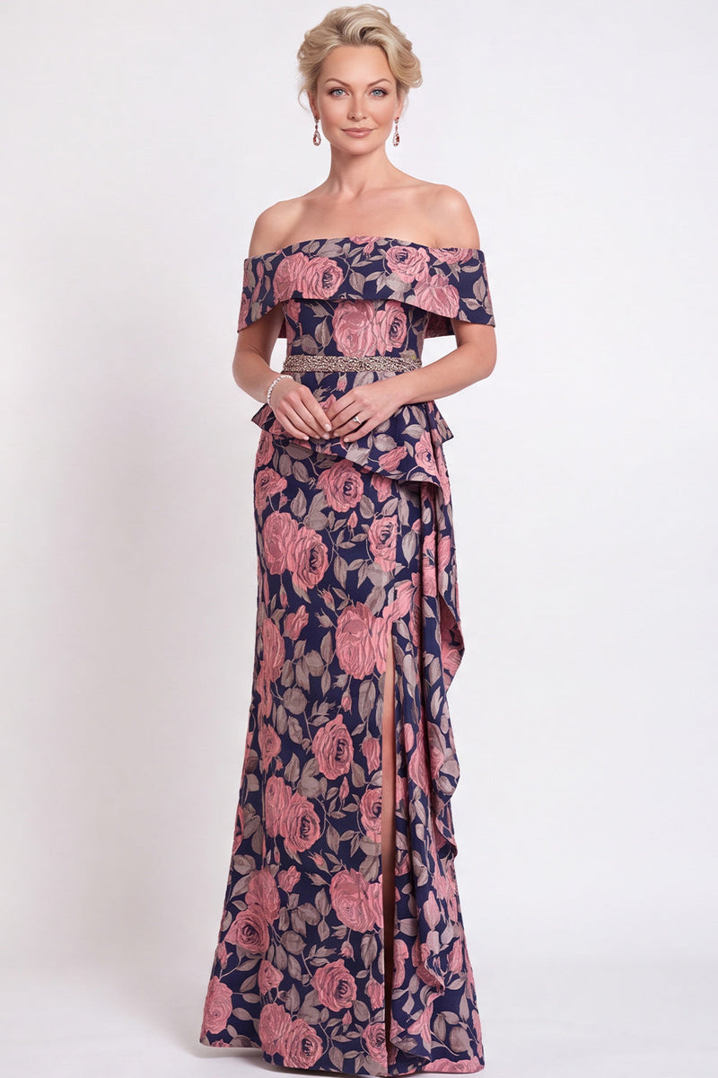 Laden Sie das Bild in den Galerie-Viewer, Blaues Schulterloses Meerjungfrauen Blumen Rüschen Langes Mutter der Braut Kleid mit Schlitz