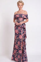 Laden Sie das Bild in den Galerie-Viewer, Blaues Schulterloses Meerjungfrauen Blumen Rüschen Langes Mutter-der-Braut-Kleid mit Schlitz