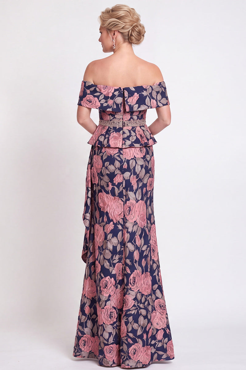 Laden Sie das Bild in den Galerie-Viewer, Blaues Schulterloses Meerjungfrauen Blumen Rüschen Langes Mutter-der-Braut-Kleid mit Schlitz