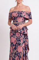 Laden Sie das Bild in den Galerie-Viewer, Blaues Schulterloses Meerjungfrauen Blumen Rüschen Langes Mutter der Braut Kleid mit Schlitz