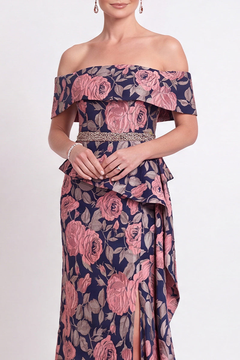 Laden Sie das Bild in den Galerie-Viewer, Blaues Schulterloses Meerjungfrauen Blumen Rüschen Langes Mutter-der-Braut-Kleid mit Schlitz