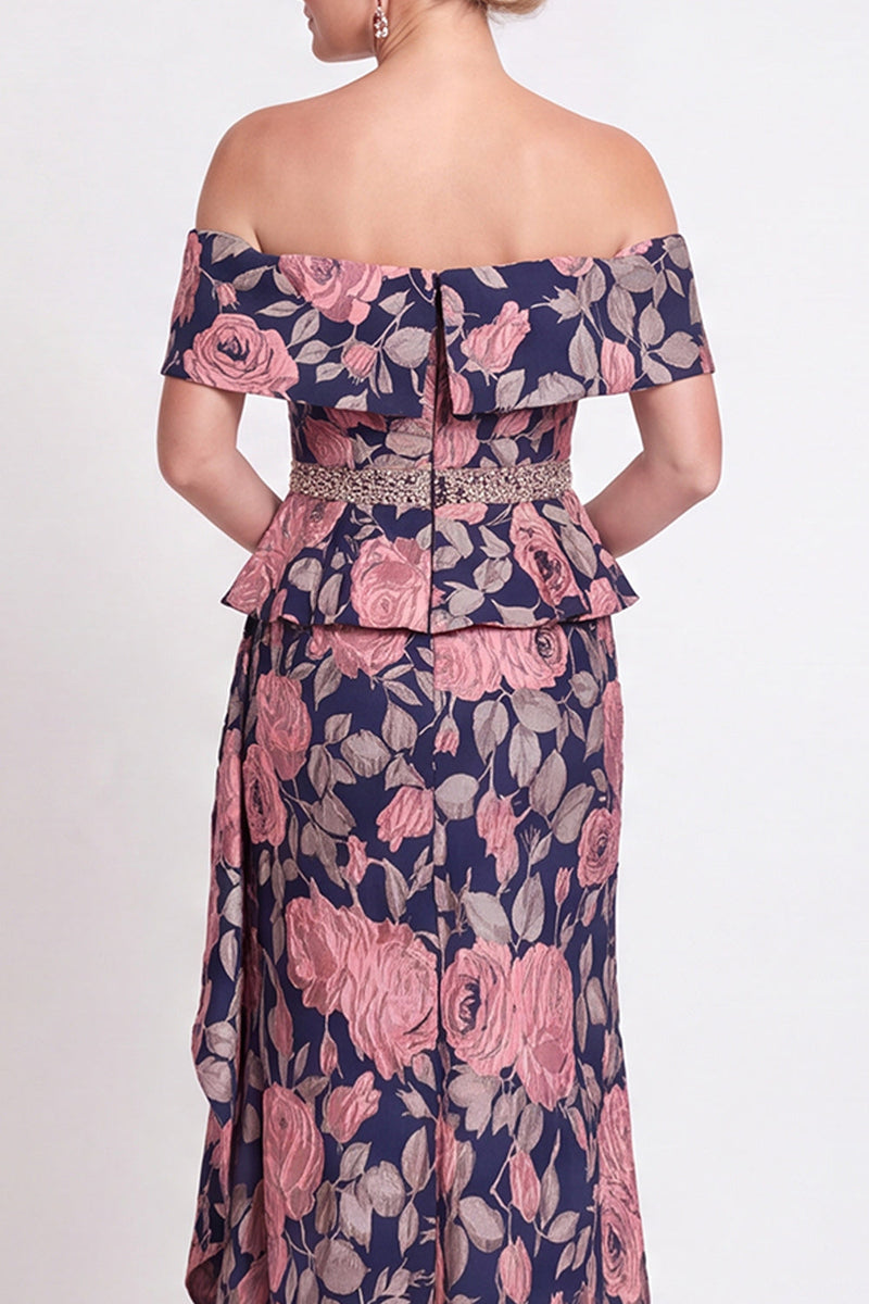 Laden Sie das Bild in den Galerie-Viewer, Blaues Schulterloses Meerjungfrauen Blumen Rüschen Langes Mutter der Braut Kleid mit Schlitz