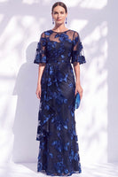 Laden Sie das Bild in den Galerie-Viewer, Marineblaues Meerjungfrauen Gerüschen Geblümtes Langes Mutter der Braut Kleid mit halbärmeligen Flügeln