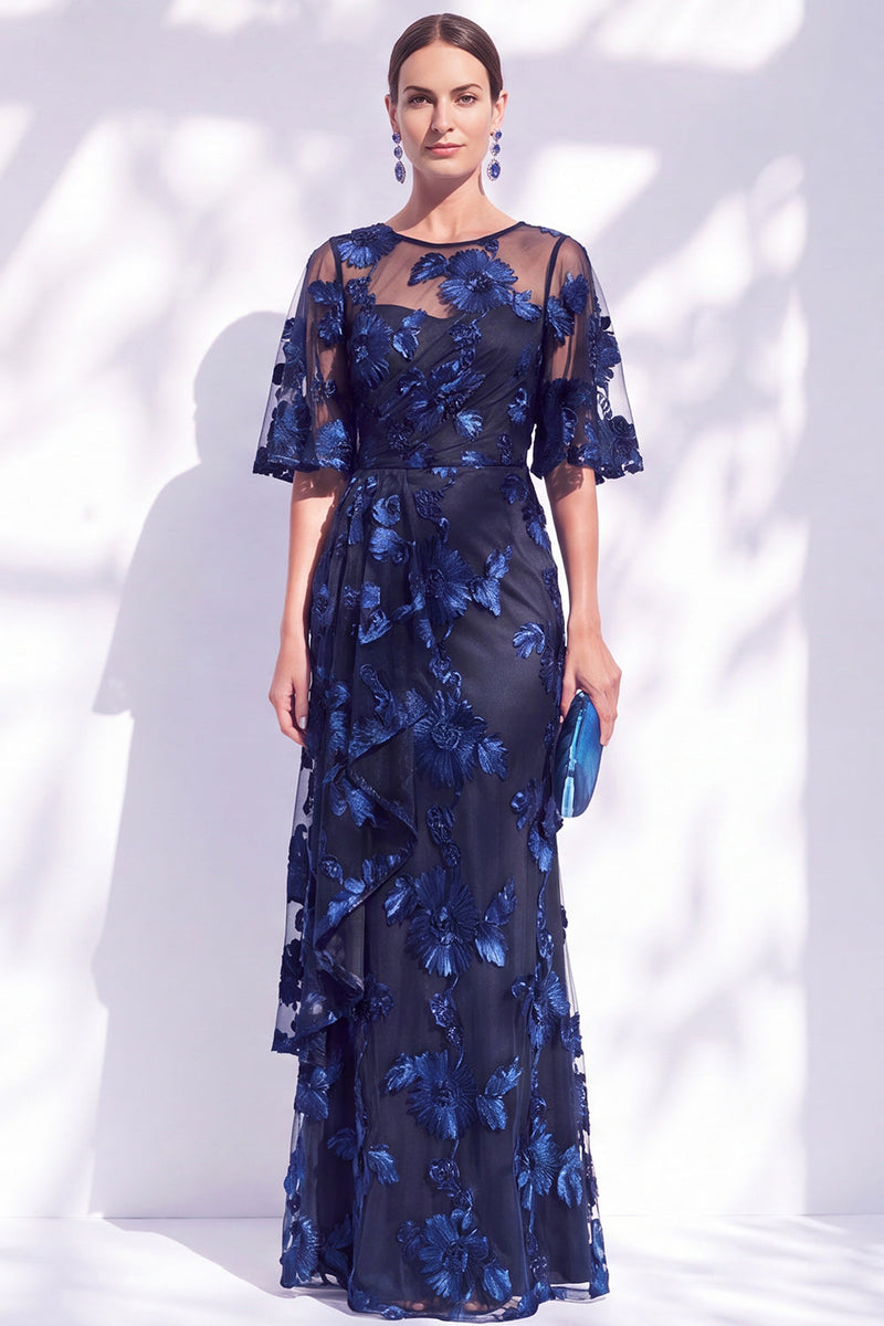 Laden Sie das Bild in den Galerie-Viewer, Marineblaues Meerjungfrauen Rüschen Geblümtem Langes Mutter der Braut Kleid mit halbärmeligen Flügeln