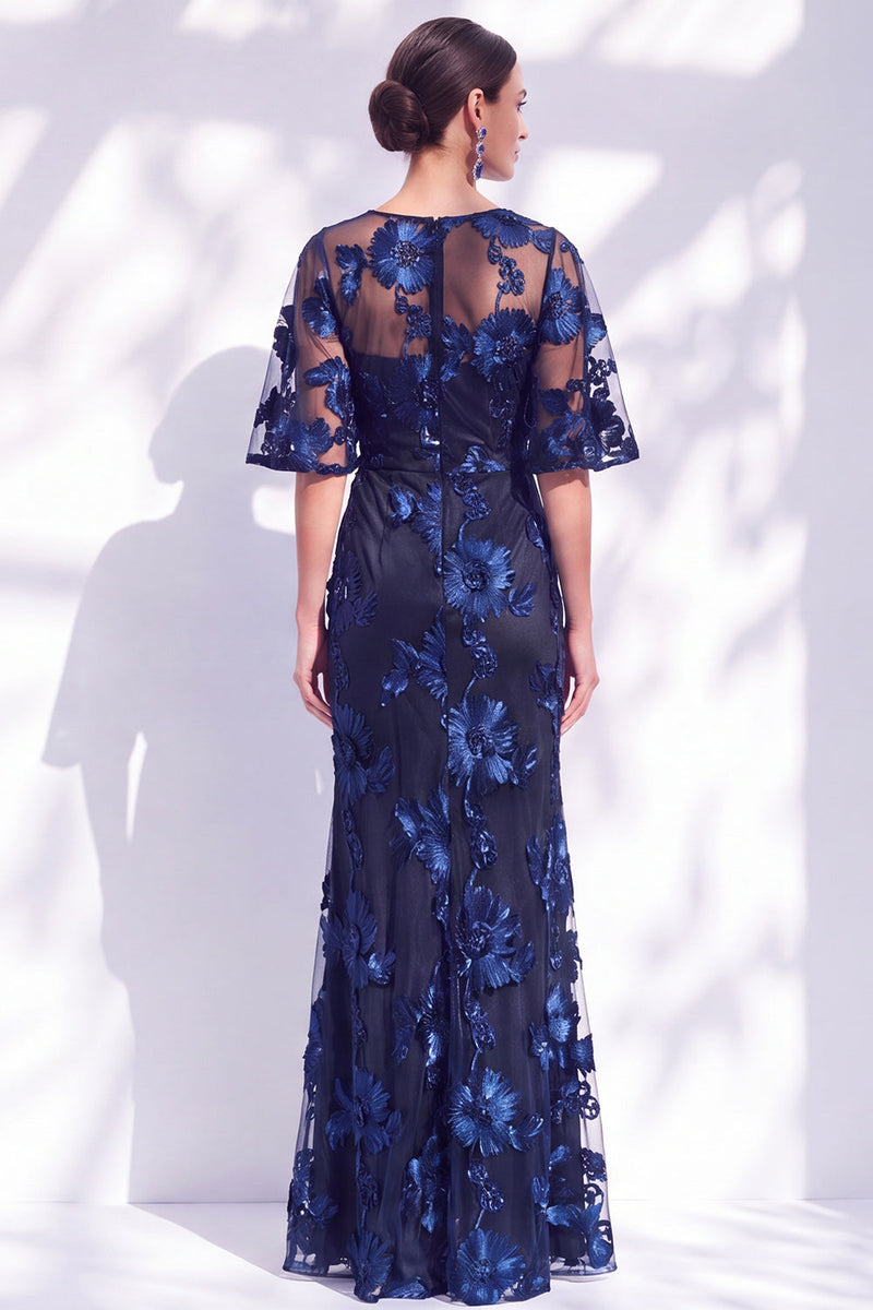 Laden Sie das Bild in den Galerie-Viewer, Marineblaues Meerjungfrauen Gerüschen Geblümtes Langes Mutter der Braut Kleid mit halbärmeligen Flügeln